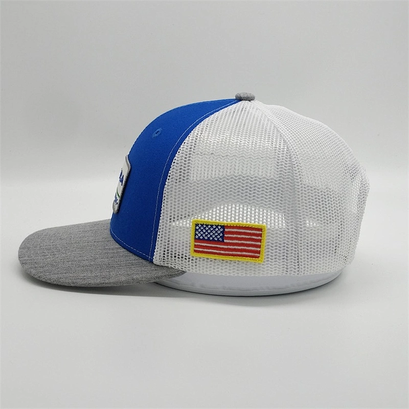 Wholesale Custom Mesh Royal Blue American Flag Snap Back Plastic Patch Hat Embroidery Trucker Cap With Rubber Patch
