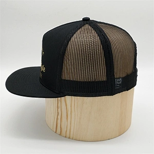 China Factory Custom 5 Panel Black Printed Mesh Snapback Hats