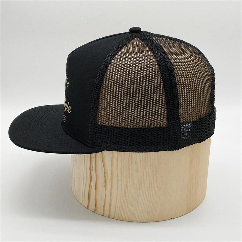 China Factory Custom 5 Panel Black Printed Mesh Snapback Hats