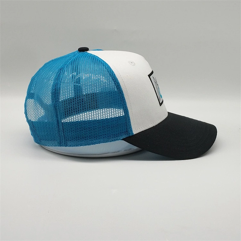 Customized Plain 5 Panel Snap Backs Embroider Blue Cotton Mesh Trucker Hats With Logo