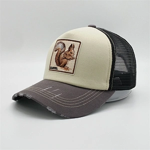 Custom 5 Panel Mesh Distressed Worn Out Double Snap Closure  High Quality Patches Embroidery Squirre Snapback Trucker Hats Cap