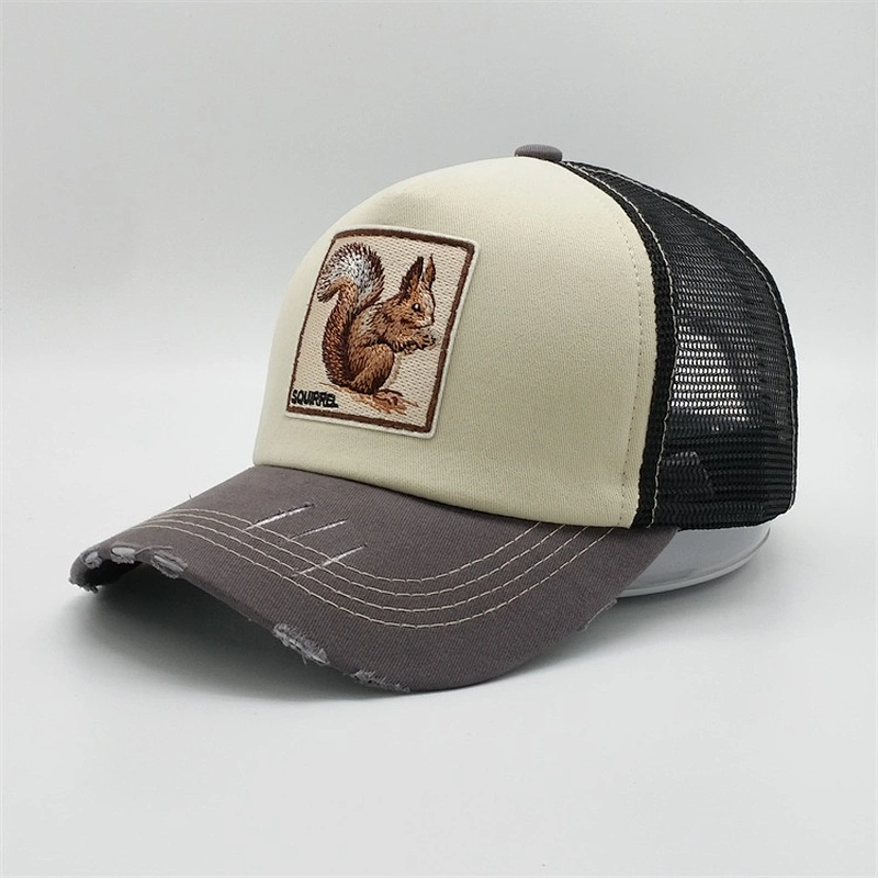 Custom 5 Panel Mesh Distressed Worn Out Double Snap Closure  High Quality Patches Embroidery Squirre Snapback Trucker Hats Cap