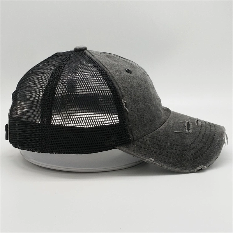 2019 Popular Denim Distressed Worn Out 6panel Mesh Ponytail Baseball Trucker Sports Hats Caps