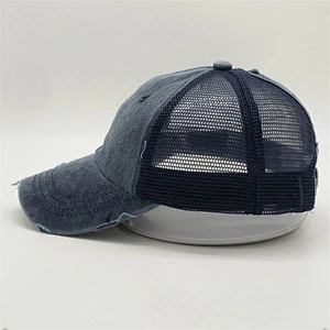 2019 New Custom High Ponytail Distressed Washed Vintage Hat Black Mesh Fabric Breathable Trucker Cap