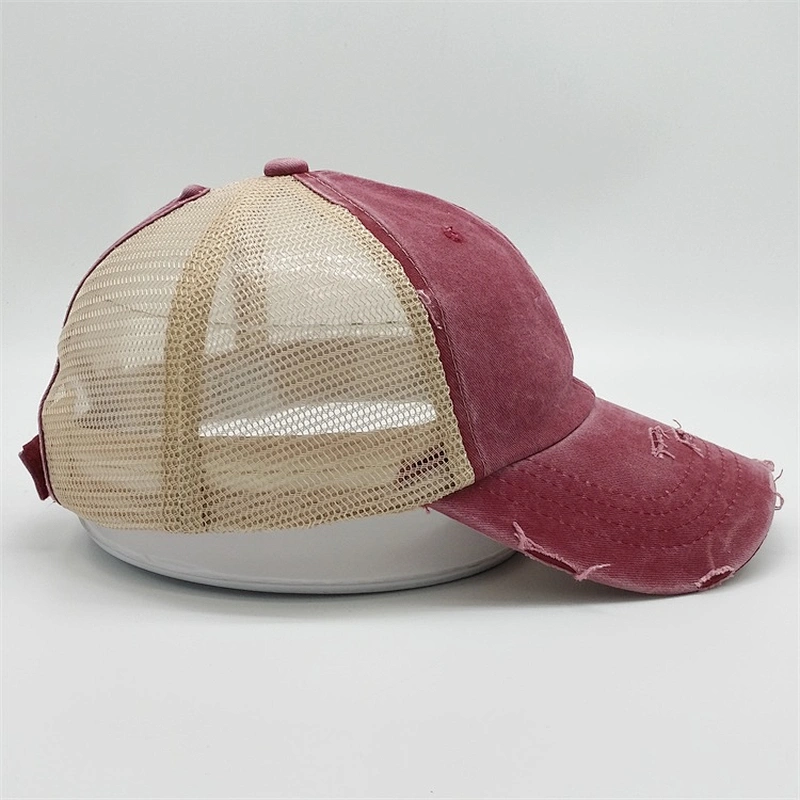 2019 Unstructured 6 Panel Mesh Trucker Heavy Washed Distressed Vintage Two Tone Ponytail Baseball Cap Hat