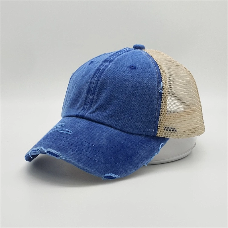 2019 Wholesale Customized Washed Hats Green Messy Mesh Curved Blank Worn Out Distressed Ponytail Trucker Cap With Magic Tape
