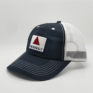 Newest Custom Cotton Fenway Embroidery Patch Logo White Plastic Buckle Two Tone Unstructured 6 Panel Trucker Cap Mesh Sports Hat