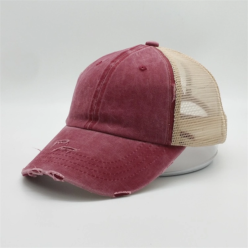 2019 Unstructured 6 Panel Mesh Trucker Heavy Washed Distressed Vintage Two Tone Ponytail Baseball Cap Hat