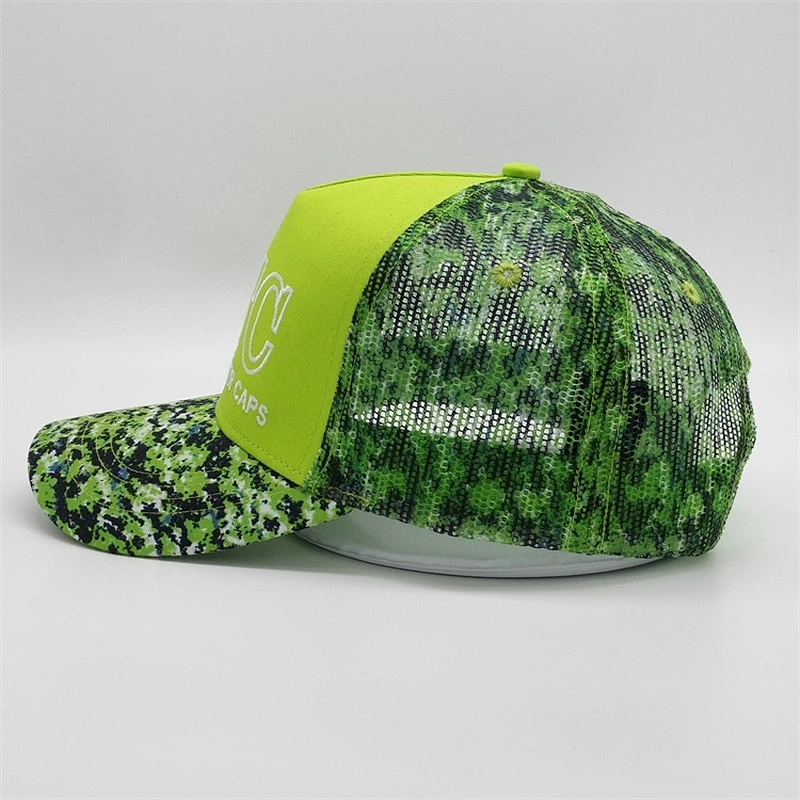 Custom 5 Panel Neon Snapback Hat,Sublimation Printed Trucker Cap,Camo Neon Green Camouflage Mesh Hat