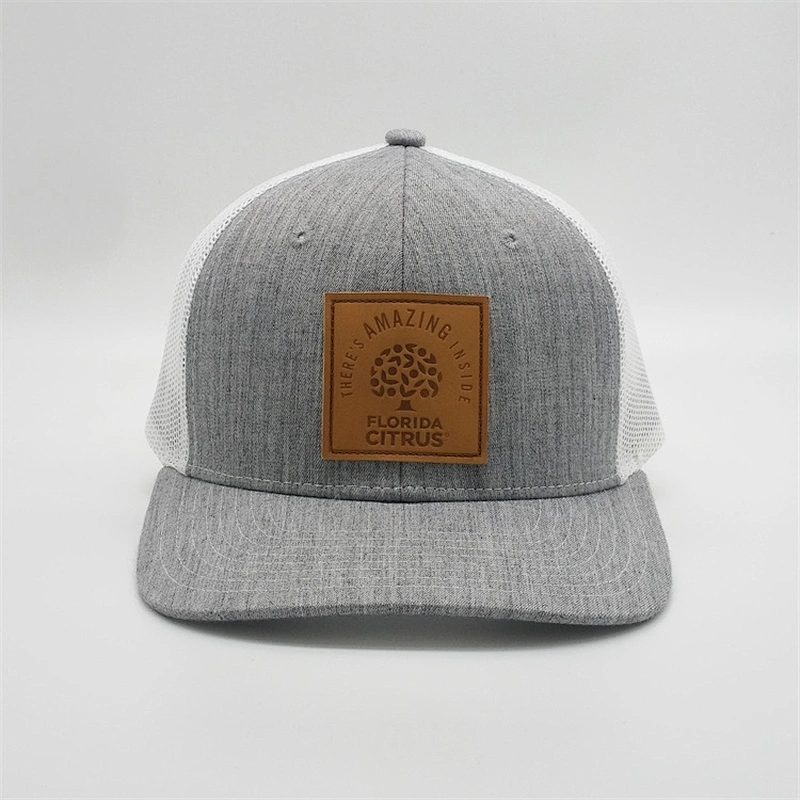 New Arrival Custom Leather Patch Hats,Blank Snapback Trucker Cap,White Mesh Heather Grey Yupoong Trucker Hat