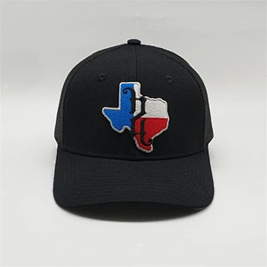 Customized Pure Black Cotton Puff Embroidery Caps Plastic Snapback Mesh Trucker Hat With Embroidered Patch