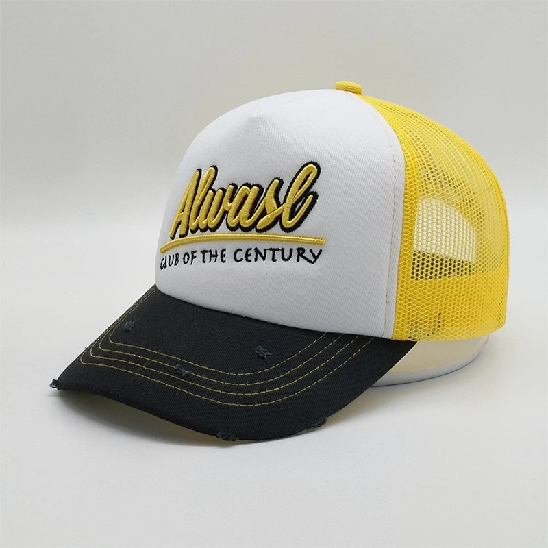 High Quality Custom Foam Trucker Hats,5 Panel Foam Yellow Plain Snapback Caps,Worn-out 3d Embroidery Distressed Trucker Hats