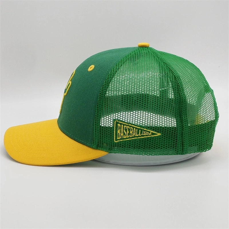 Custom 6 Panel 3d Puff Embroidery Snapback Hat,Adjustable Mesh Yellow Baseball Cap,Green Underbrim Two Tone Golf Trucker Hat