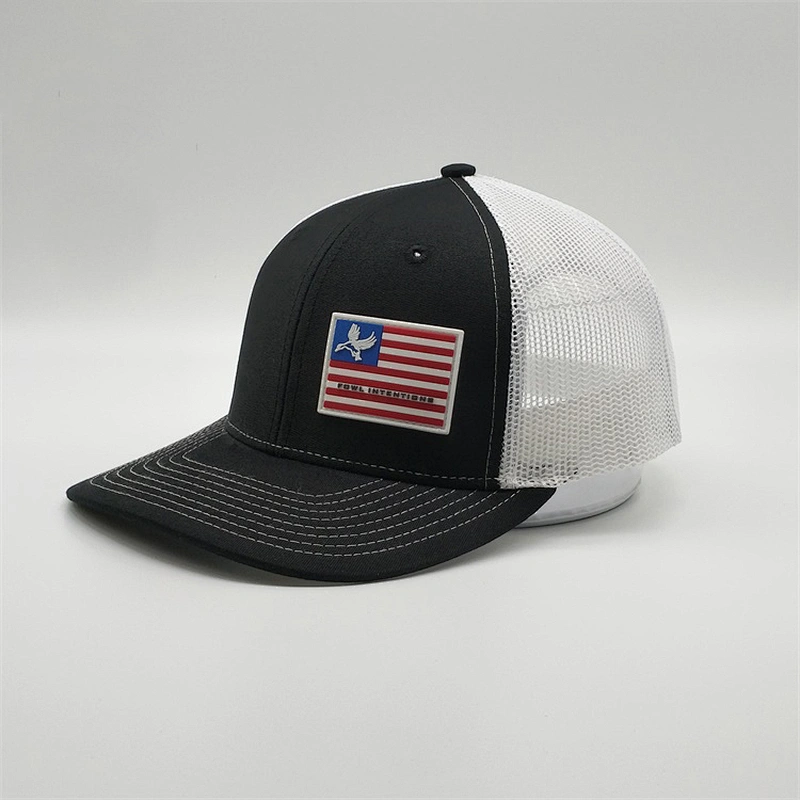 Factory Price Plain Woven Label Usa Flag Patch Snapback Caps PVC Logo Black Trucker Hat With Pvc Patch