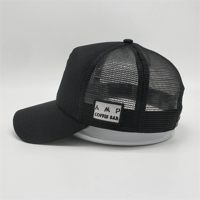 Wholesale Custom 5 Panel Foam Embroidered Curved Brim Black Trucker Hats Cap Mesh With Embroidery Patch