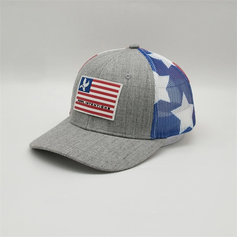 Wholesale Custom 6 Panel USA Flag PVC Logo Patch Trucker Hat ,Printed Mesh Back Baseball Hat,Heather Gray Snapback Trucker Cap