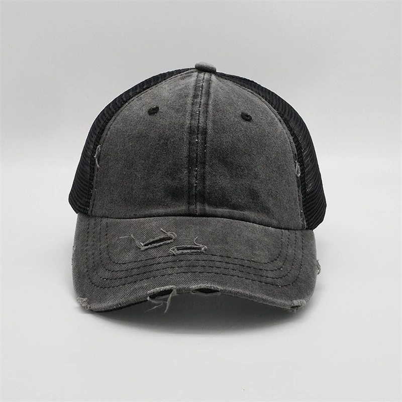 2019 Popular Denim Distressed Worn Out 6panel Mesh Ponytail Baseball Trucker Sports Hats Caps