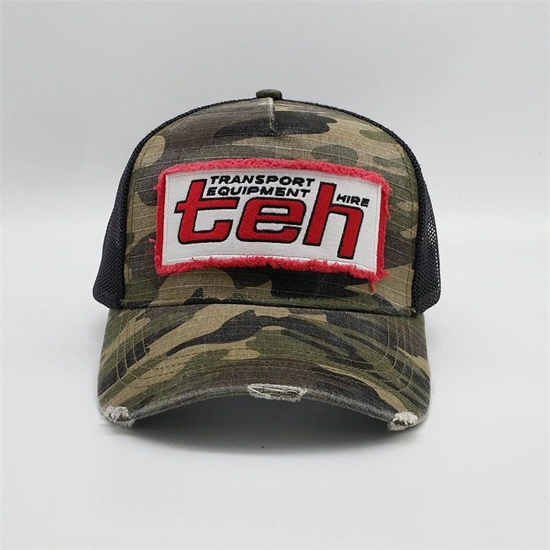 Wholesale Custom Distressed Camouflage Trucker Cap,Vintage Patch Embroidery Design Snapback Cap,Worn-out Camo Trucker Mesh Hat