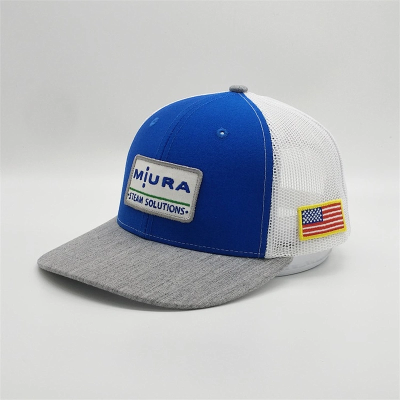 Wholesale Custom Mesh Royal Blue American Flag Snap Back Plastic Patch Hat Embroidery Trucker Cap With Rubber Patch