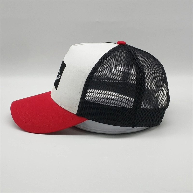 Plain Red White Color Black Mesh Trucker Hat,Custom Applique Embroidery Logo Trucker Cap,Men Slight Curved Brim Sport Hats