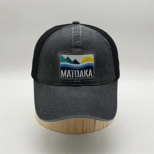 Custom 6 Panel Pigment Washed Fabric Embroidery Patch Mesh Trucker Cap