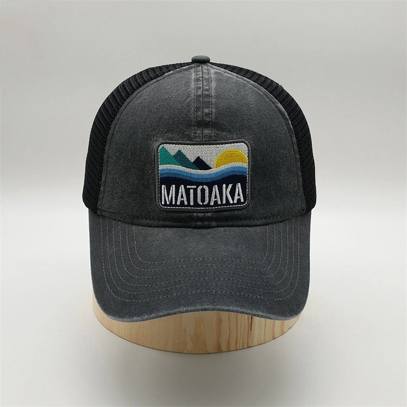 Custom 6 Panel Pigment Washed Fabric Embroidery Patch Mesh Trucker Cap