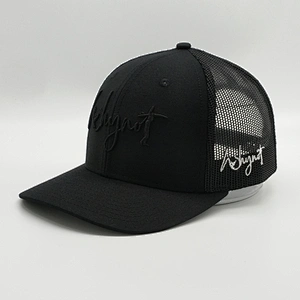 2019 New Customized 6 Panel Cheap 3D Embroidery Pre Curved Brim Black Mesh Hat Snap Back Trucker Cap
