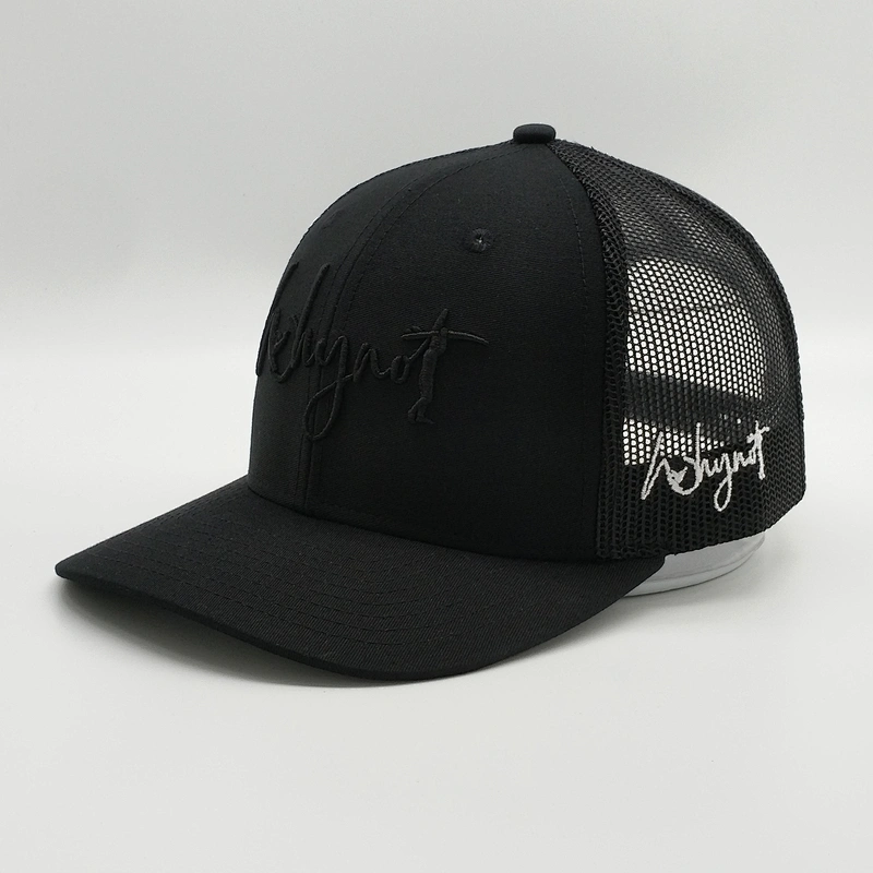 2019 New Customized 6 Panel Cheap 3D Embroidery Pre Curved Brim Black Mesh Hat Snap Back Trucker Cap