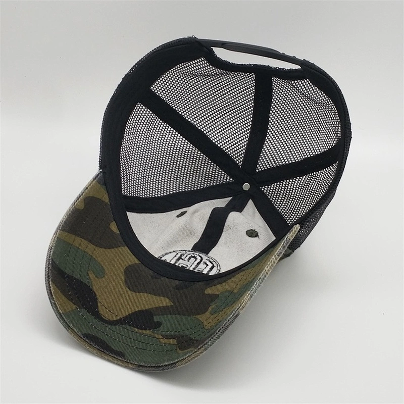 Custom camo 6 panel trucker caps,embroidery blank patches washed cap trucker hats,plastic snapback mesh trucker hat