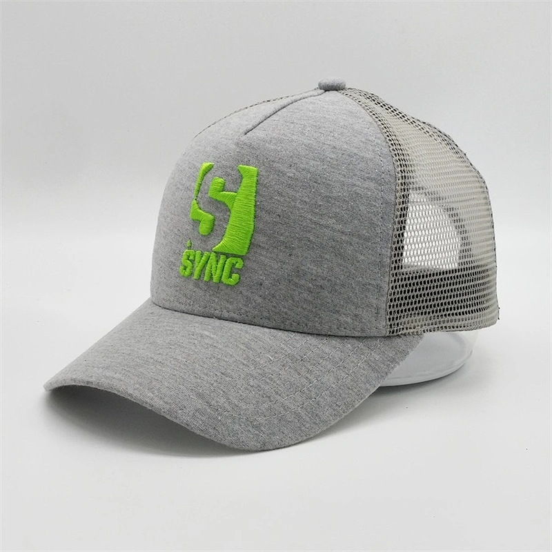 Plain Knitting Fabric Trucker Caps,Nylon Green 3d Embroidery Logo Caps,Customized 5 Panels Light Gray Trucker Hats
