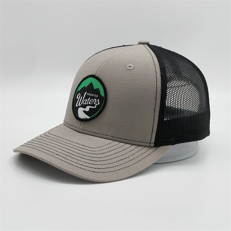 Wholesale New Customized 6 Panel High Quality Plain Blank Heather Grey Trucker Hat Mesh Cap With Woven Patch