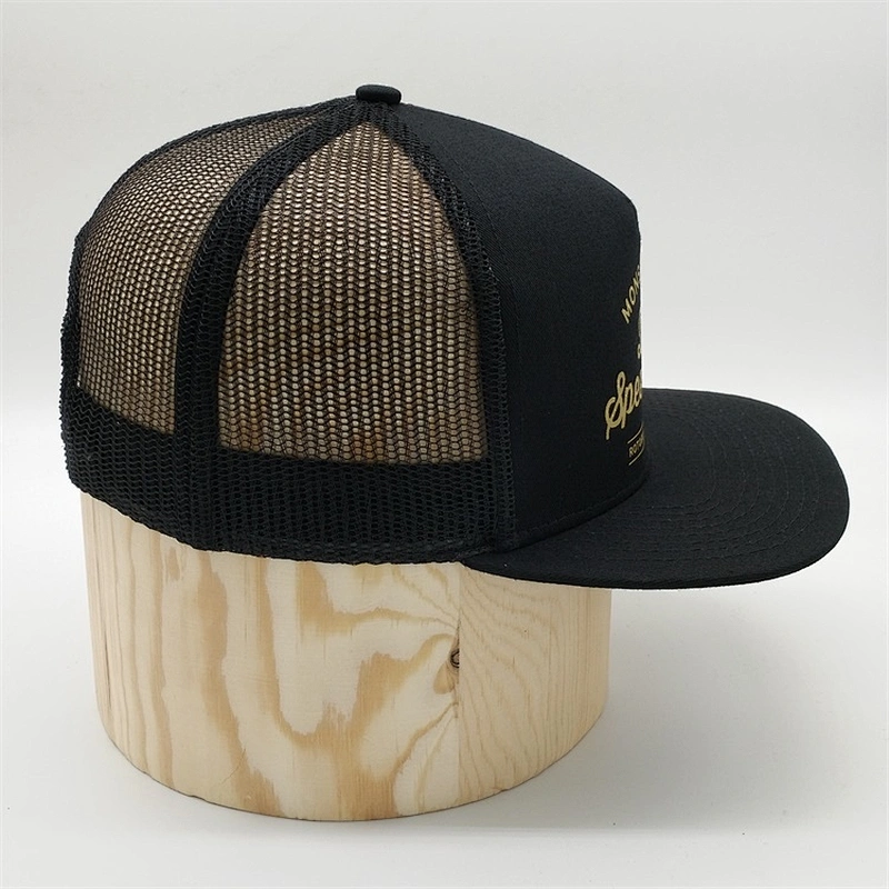 China Factory Custom 5 Panel Black Printed Mesh Snapback Hats