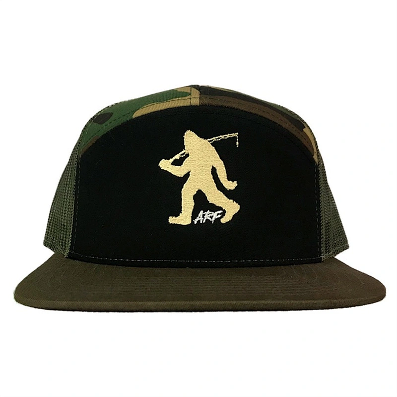 Custom Bigfoot Fishing Cotton 7 Panel Embroidered Camo Loden Outdoor Adjustable  Mesh Snapback Hats and Cap