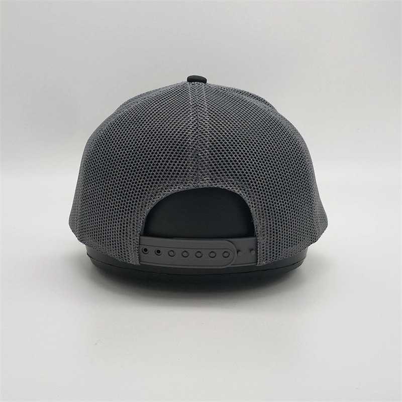 Wholesale High Quality Customised 6 Panel Black Embroidered Logo Grey Mesh Trucker Hat Baseball Cap