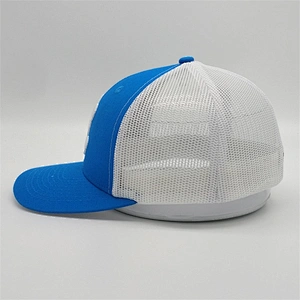 Custom 6 Panel Blue Trucker Cap,High Quality 3D Embroidery Trucker Hats,White Mesh Dry Fit Hat