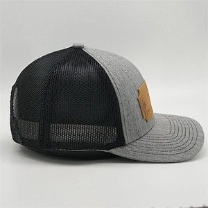 Custom Genuine Leather Patch Trucker Hats,Plastic Snap Gray Six Panel Truck Hat,Top Quality Classic Trucker Caps