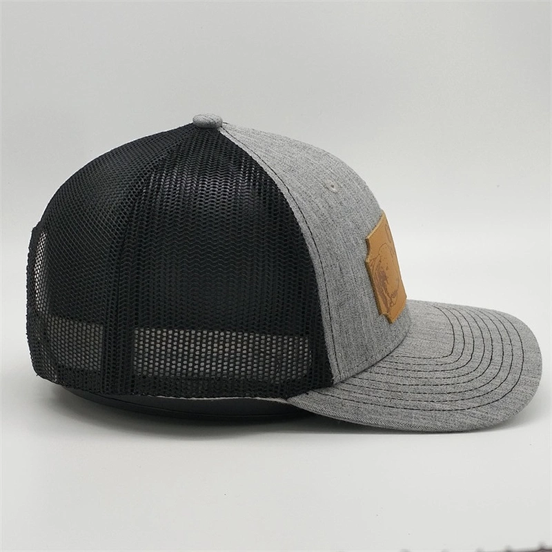 Custom Genuine Leather Patch Trucker Hats,Plastic Snap Gray Six Panel Truck Hat,Top Quality Classic Trucker Caps