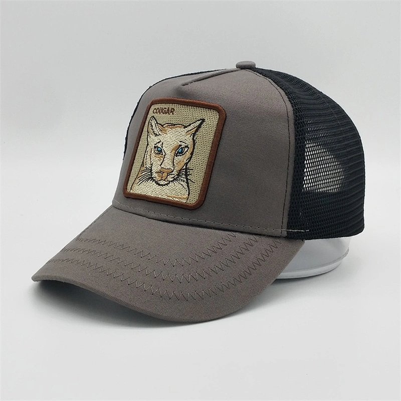 Mesh Trucker Hat,Custom Plastic Buckle Strap Animal Trucker Hat,Custom Cougar Embroidery Patch Logo Trucker Sports Caps Hat