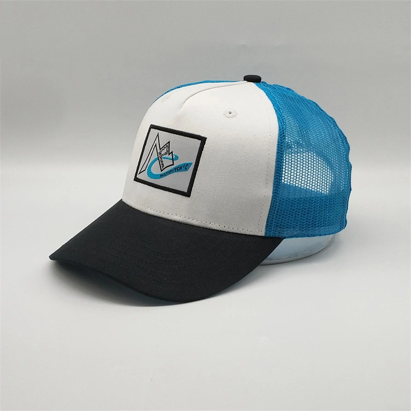 Customized Plain 5 Panel Snap Backs Embroider Blue Cotton Mesh Trucker Hats With Logo
