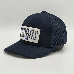 Navy Blue Adjustable Customised Rubber Patch Logo Snapback Hats Trucker Caps With Pvc Patch