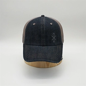 Custom 6 Panel Cheap Embroidery Distressed Brim Denim Mesh Trucker Cap Hat
