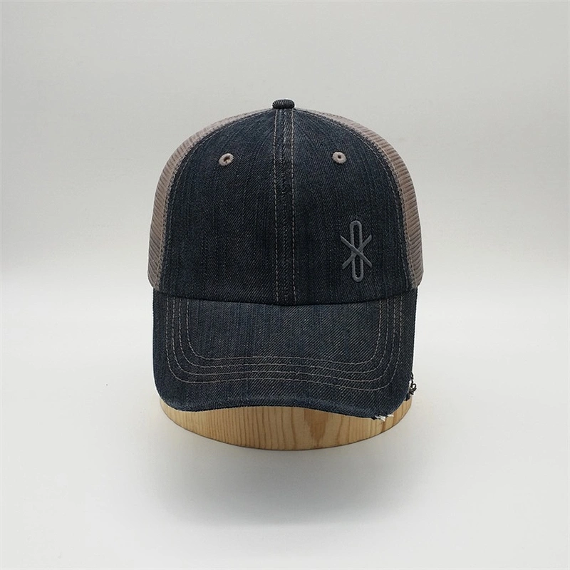 Custom 6 Panel Cheap Embroidery Distressed Brim Denim Mesh Trucker Cap Hat
