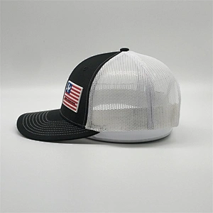 Factory Price Plain Woven Label Usa Flag Patch Snapback Caps PVC Logo Black Trucker Hat With Pvc Patch