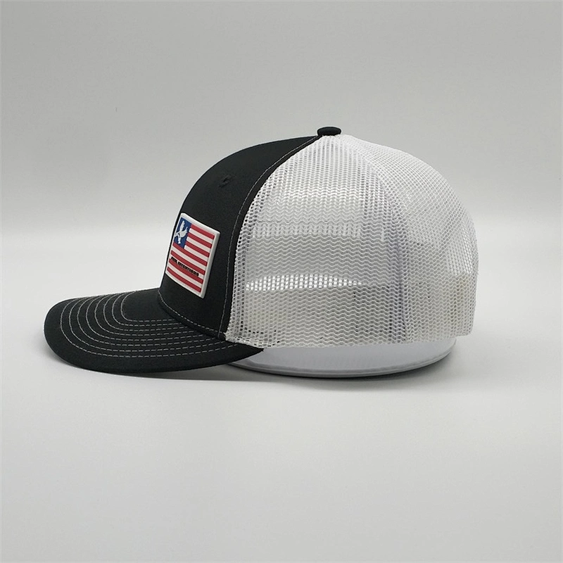 Factory Price Plain Woven Label Usa Flag Patch Snapback Caps PVC Logo Black Trucker Hat With Pvc Patch