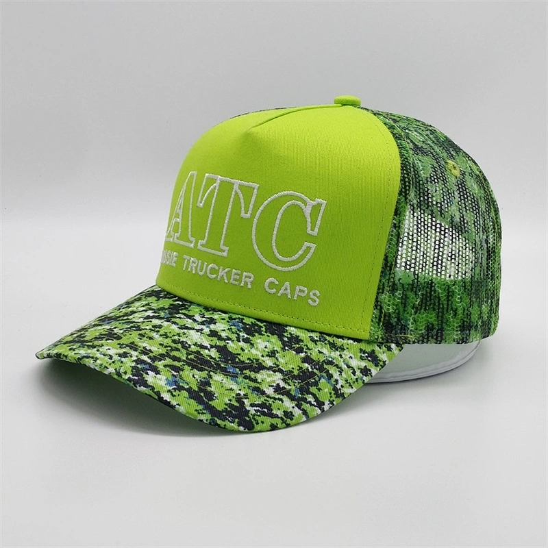 Custom 5 Panel Neon Snapback Hat,Sublimation Printed Trucker Cap,Camo Neon Green Camouflage Mesh Hat