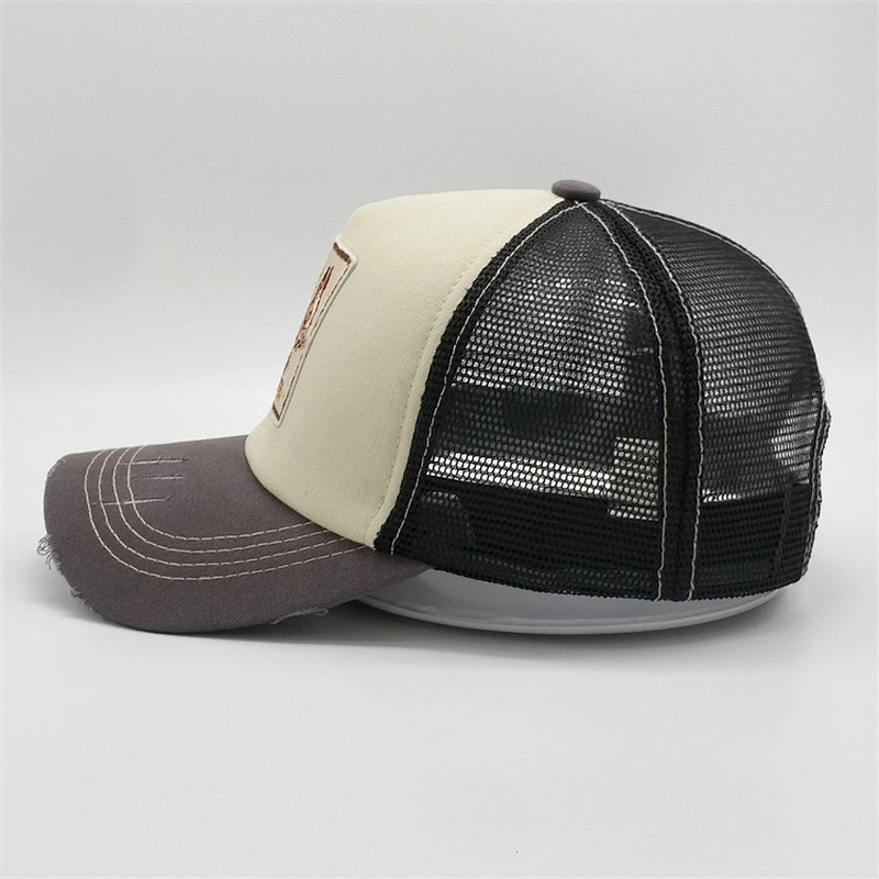Custom 5 Panel Mesh Distressed Worn Out Double Snap Closure  High Quality Patches Embroidery Squirre Snapback Trucker Hats Cap