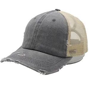 Custom Distressed Vintage Cotton Two Tone  Unstructrured 6panel Worn Out Ponytail Hat Baseball Trucker Mesh Caps