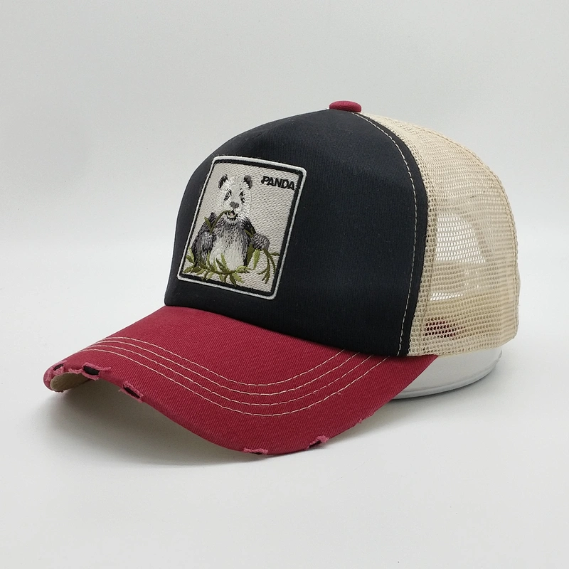 Customized 5 Panel Dog Embroidered Animal Patch Worn Out Mesh Distressed Brim Hats Trucker Cap With Double Snap Back