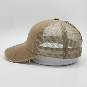 Custom Logo Distressed Vintage Cotton Ponytail  Champagne Unstructured 6 panel Worn Out Baseball Trucker Mesh Cap Hat