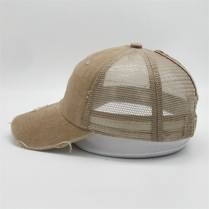 Custom Logo Distressed Vintage Cotton Ponytail  Champagne Unstructured 6 panel Worn Out Baseball Trucker Mesh Cap Hat